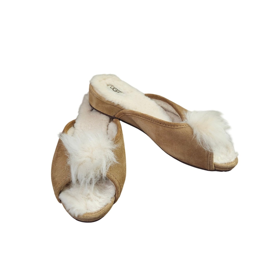 UGG Fluff Flip Flop III Chestnut Suede Pom Pom Slippers  L 7 Cozycore Luxury
